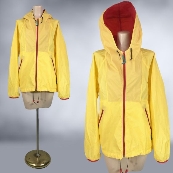 Vintage Jackets & Blazers - VINTAGE 90s Yellow Hooded Windbreaker Rain Jacket with Storage Pouch by Sierra